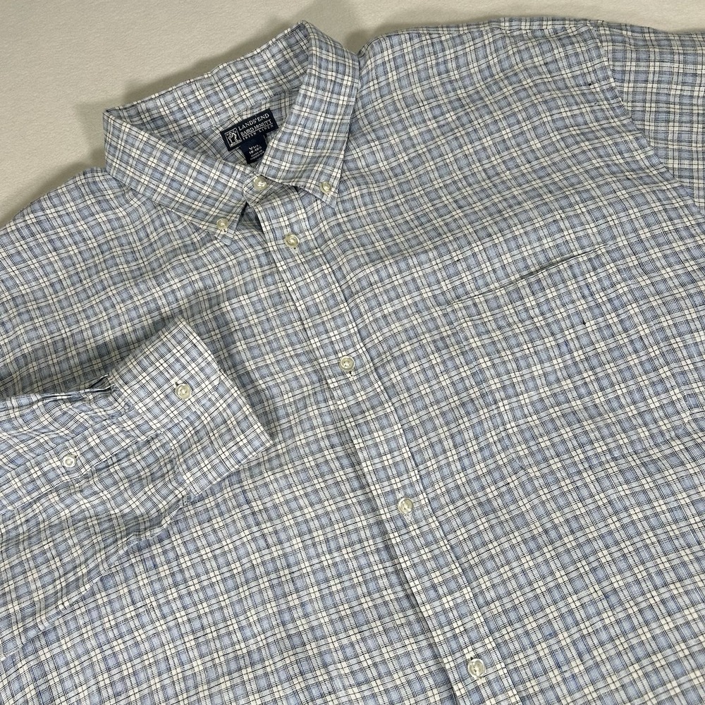 Lands End‎ Shirt Mens 2XL Blue Plaid 100% Irish Linen Baird McNutt Button Down